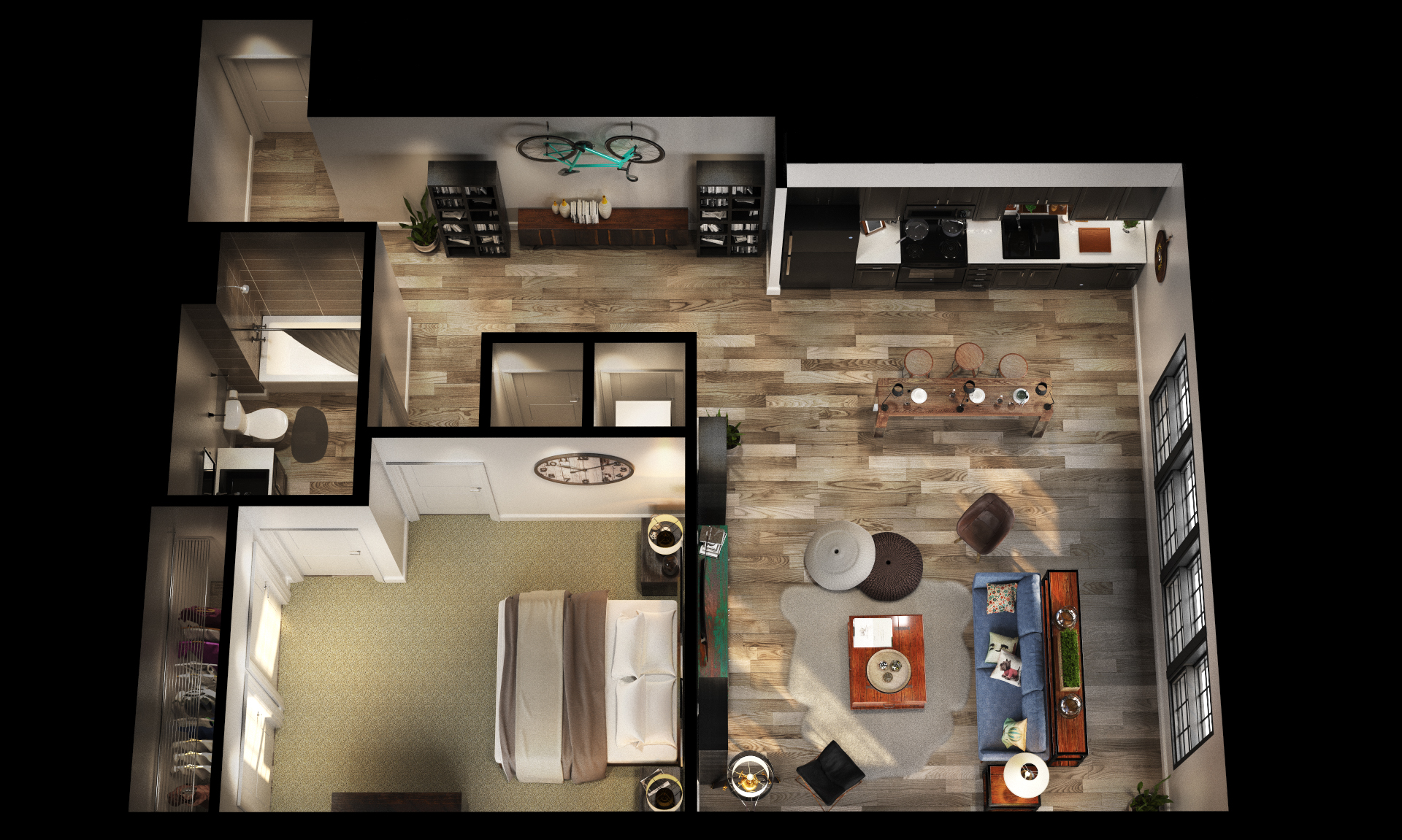 Floor plan for 1 bed, 1 bath, 1018 sqft